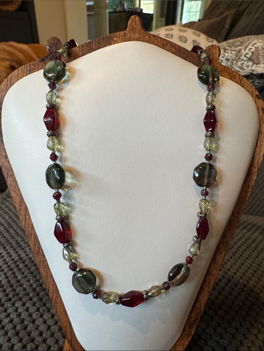 Handcrafted Green and Burgundy Beaded Necklace vintage